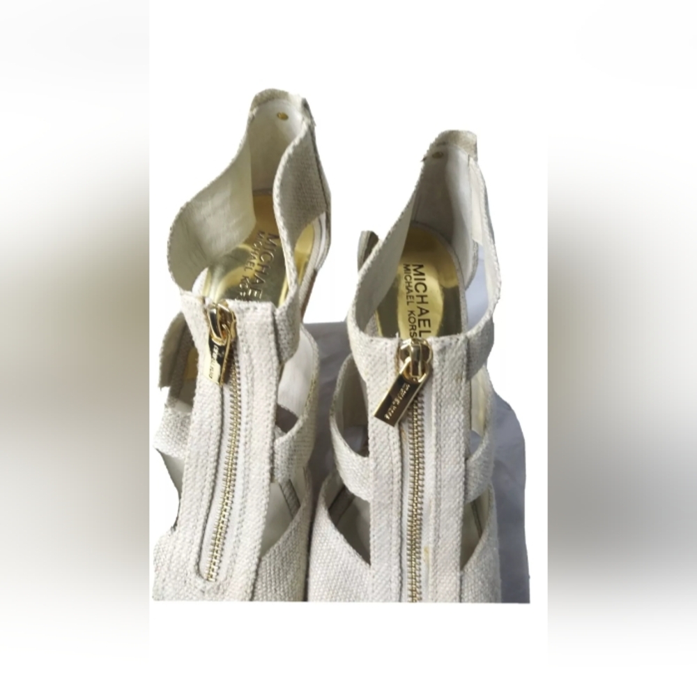 Michael Kors Damita Wedge Shoes Size 9.5M Khaki Heels Gold Zip Accent - Picture 5 of 11